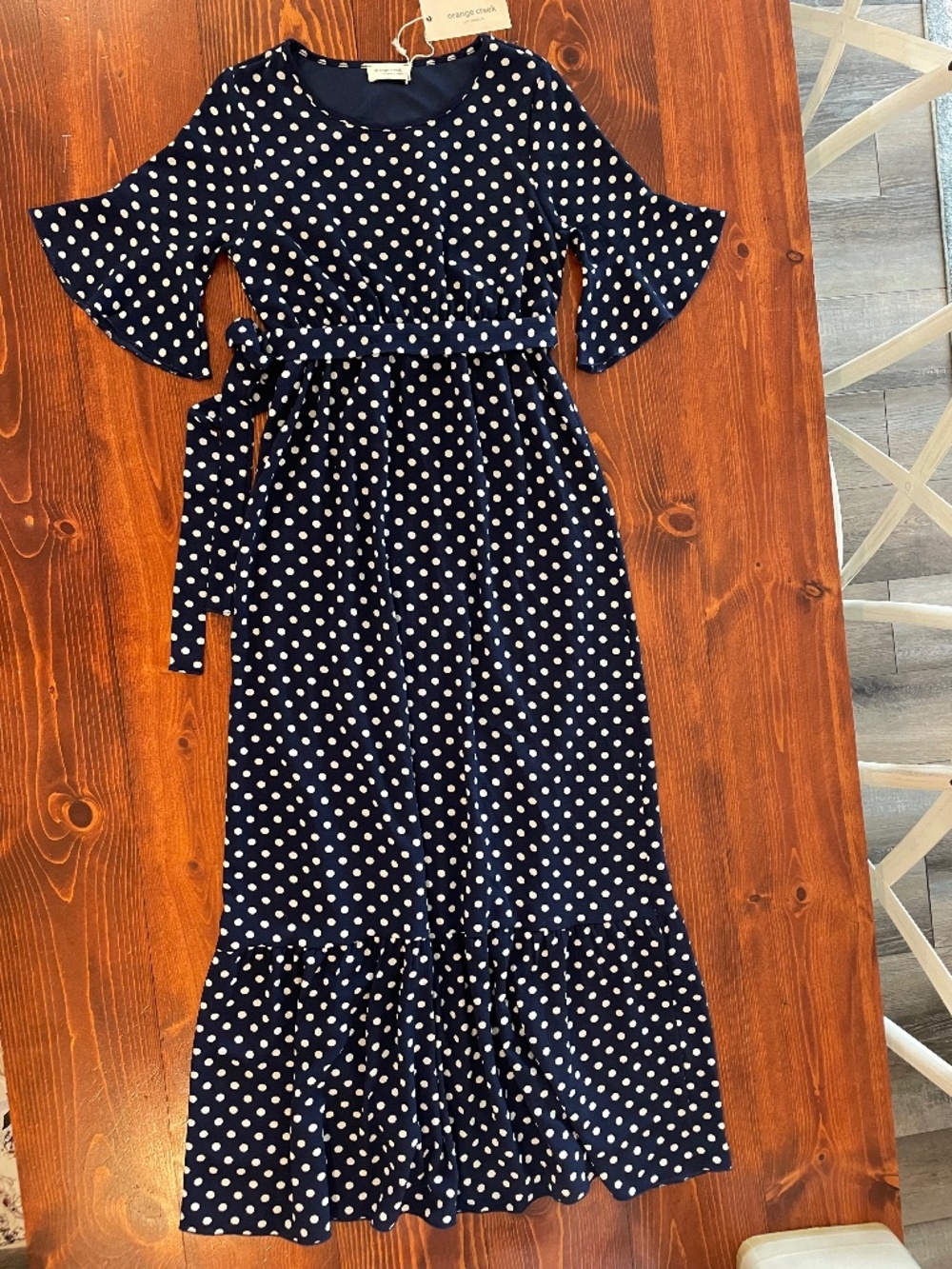 Orange Creek USA | Navy Polka Dot Ruffle Maxi Dress size S